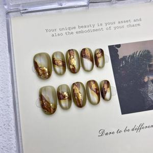 Nouveau produit lancé, <span class=keywords><strong>ongles</strong></span> press-on faits main de luxe couleur café, effet dégradé, ruban plissé, œil de chat, années dorées - Product Image 1