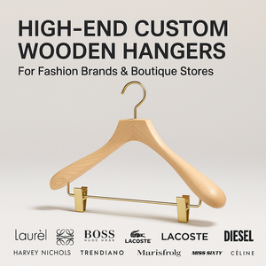 Cintres en bois personnalisés avec logo, finition laquée, pinces réglables à prise souple, design <span class=keywords><strong>anti</strong></span>-marques pour magasin de vêtements et usage domestique - Product Image 1