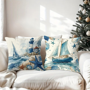 Kıyı ev dekorasyonu için yelkenli tekneler, deniz fenerleri ve deniz yıldızları içeren deniz temalı kırlentler - Product Image 3