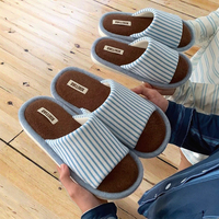 Chaussons d'intérieur rétro en coton et lin, doux et moelleux, pour couples, automne-hiver, rayés, antidérapants, semelle plate silencieuse