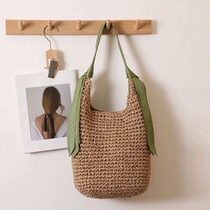 Summer Fashion Ribbon Shoulder Straw <b>Bag</b> New <b>Large</b> Capacity Solid Color Woven <b>Bag</b> Seaside Travel <b>Beach</b> <b>Bag</b> - Product Image 1