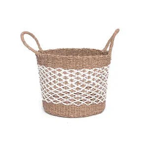 Handmade Dệt Rơm Cỏ Biển Dã Ngoại Giỏ Giặt Hamper Wicker Giỏ Với Xử Lý