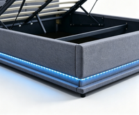 Lit flottant minimaliste en lin gris avec lumières LED, rangement hydraulique et tête de lit, cadre métallique, taille Queen