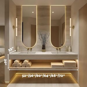 Mueble de Baño de Lujo Personalizado al por Mayor, Color Beige, Montado en la Pared, con Lavabo Doble, Estantes Abiertos y Espejo Ovalado LED Inteligente Antivaho - Product Image 2