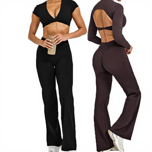 Conjunto de Yoga de 3 Piezas para Mujer, Tallas Grandes, Color Sólido, Top Sexy con Cuello en V Profundo, Pantalones Acampanados de Cintura Alta, Secado Rápido, Ropa Deportiva para Pilates - Product Image 4