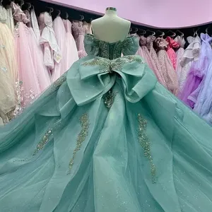 Abito da ballo per feste di compleanno, con spalle scoperte, applicazioni e perline, Vestidos De 15 Anos, Sweet 16, <span class=keywords><strong>verde</strong></span> <span class=keywords><strong>menta</strong></span>, <span class=keywords><strong>abiti</strong></span> da Quinceañera MQ726 - Product Image 3