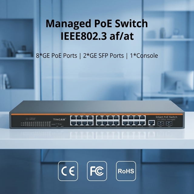 TiNCAM 24 1000M PoE 2 GE SFP Fiber Port Gigabit Poe Switch 450W Managed VLAN QOS Built-in Power 1U Rack Mount Enterprise-grade