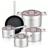 Ensemble de 9 ustensiles de cuisson en acier inoxydable écologiques, personnalisables en gros, comprenant casseroles, poêles, faitouts et poêles à frire, sans revêtement
