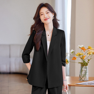 Pink Women's Suit Set Solid Color Satin Three Quarter Sleeve Casual Office Wear Breathable No Wrinkle Treatment AYM988 - Product Image 3