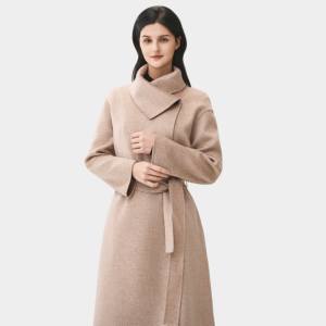 OEM ODM 공장 겨울용 따뜻한 원피스 턴다운 칼라 오트밀 색상 포멀 여성용 울 코트 10% 캐시미어 10% 실크 - Product Image 1