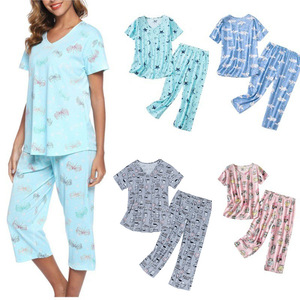Women's Short Sleeve Capri Pajama Set <b>Knitted</b> Cotton Plus Size Sleepwear Loungewear Blue Butterfly Pink Cat Gray Coffee <b>Pattern</b> - Product Image 1