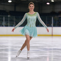Robe de patinage artistique vert menthe pour enfants et adultes, col rond, manches longues en maille, dos en V orné de strass, pour compétition et spectacle