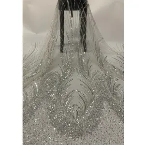 Branco Luxo Bordado lantejoula frisada casamento vestido rendas tecido material lantejoulas frisada nupcial noite festa vestido rendas tecidos