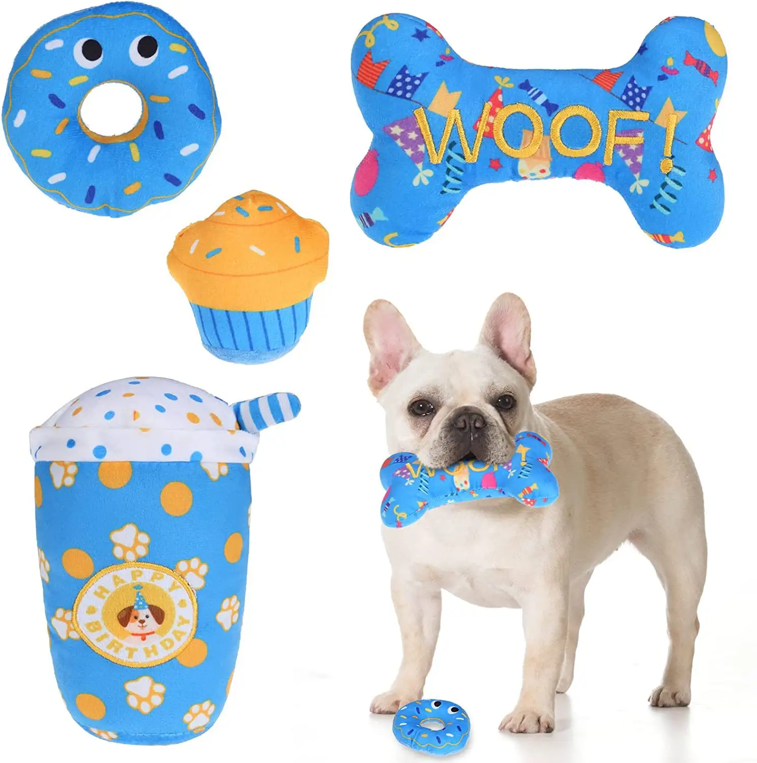 Conjunto de brinquedos para mastigar cachorros de estimação, durável, luxuoso, osso de bolo de aniversário, brinquedo interativo de pelúcia para animais de estimação, brinquedo de aniversário