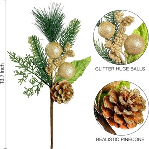 Giáng Sinh Nhân Tạo Trang Trí Màu Xanh Lá Cây Thân Cành Thông Kim Thông Nón Bó Hoa Vàng Với Quả Bóng - Product Image 2