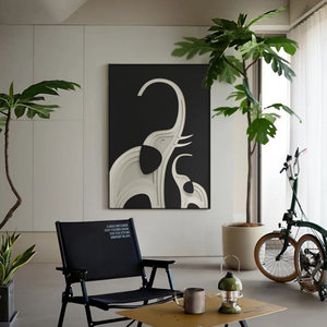 Abstract Elephant <b>Canvas</b> Art Minimalist Black White Oil Painting Wrapped Aluminum <b>Frame</b> Living Room Decor Wall Art - Product Image 1