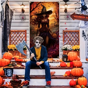 Housse de porte d'Halloween en polyester, motif sorcière, citrouille effrayante, corbeau, château et coucher de soleil, pour porte d'entrée, décoration de fête maison hantée - Product Image 5
