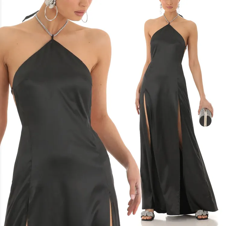 Factory manufacturer black elegant halter rhinestone dresses women custom maxi summer satin evening party dress
