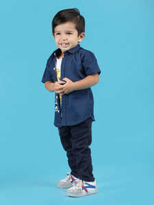 Conjunto de Camisa y Pantalón de Algodón Azul Marino para Niños con Camiseta con Estampado de Osito de Peluche, Atuendo Casual Elegante para Niños con Estilo Deportivo - Product Image 4