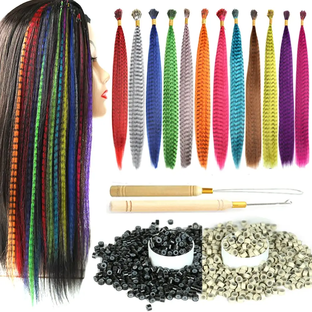 50 חתיכות בצבע סינטטי ישר שיער עם מיקרו טבעת הסרוגה וו הארכת שיער Plier פלום צבעוני שיער הארכת