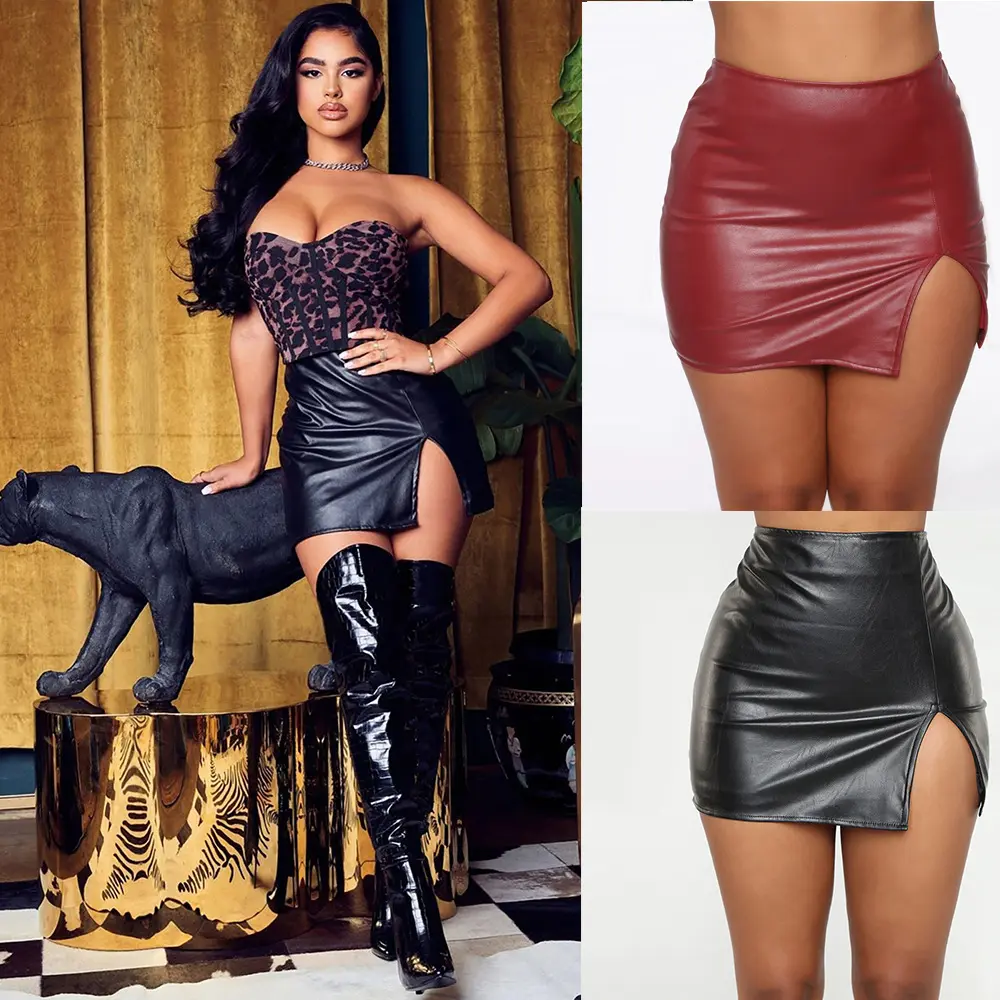 Women's Split dress high waist hip short skirts nightclub PU leather zipper lades sexy black leather Skirt