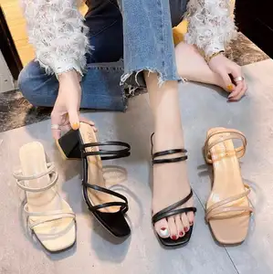 NEW Casual black strapless sandals new mid-heel sandals women wear outdoor thick heel women's shoes