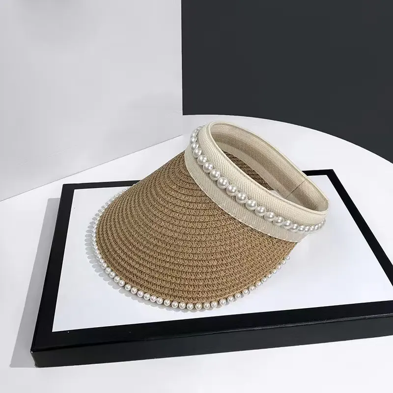 Visières pour femmes, chapeau de paille perlé, visière d'été à large bord, Protection solaire, chapeau de plage, accessoires de voyage