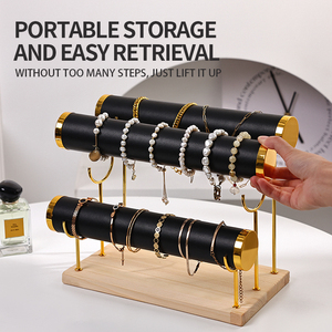 3 tầng có thể tháo rời Vòng đeo tay chủ nhung trang sức hiển thị đứng phong cách cổ tay đồng hồ tổ chức đứng chủ với khay gỗ - Product Image 2