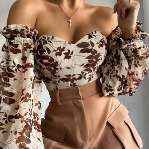 2022 New Fashion Frauen Kleidung Chiffon Blusen Sexy Blumen druck Off Schulter Langarm Crop Tops Elegante Frauen Bluse