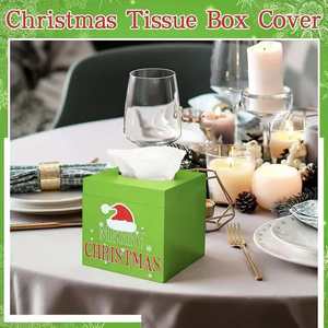 Caja de pañuelos navideña verde con diseño de Feliz Navidad, caja de almacenamiento de madera para uso en fiestas navideñas - Product Image 2