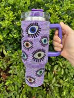 Gobelet isotherme personnalisé en acier inoxydable 40oz, anti-fuite, avec strass et motifs Yeux Maléfiques, avec paille
