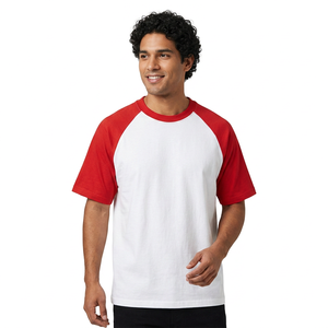 T-shirt Homme Blanc et Rouge à Manches Raglan 100% Coton Jersey Col Rond Décontracté Coupe Ample Respirant 240g Couleur Unie Design Vierge - Product Image 1