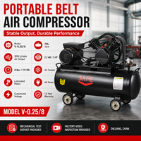 Compresseur d'air à piston portable entraîné par courroie 70L 3HP 8 bars, refroidi par air, lubrifié, pour atelier et gonflage de pneus