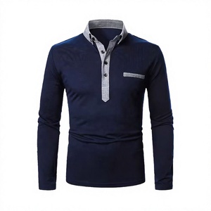 Polo à manches longues en tricot pour homme, couleur unie, design décontracté à boutons, bleu foncé - Product Image 1