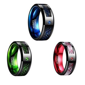 แหวนทังสเตนสตีลหรูหราประดับลายมังกรดำ คาร์บอนไฟเบอร์สีน้ำเงิน แดง เขียว สำหรับผู้ชาย แหวนแฟชั่นทังสเตนสตีล - Product Image 6