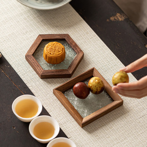 Plato de Madera de Nogal para Té y Repostería, Hexagonal, Cuadrado, con Diseño Floral, Posavasos para Té Kung Fu - Product Image 1
