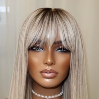 Perruque en cheveux humains Remy, blonde avec mèches, cheveux longs et raides, racine foncée, perruque entièrement en dentelle avec frange, ligne de cheveux naturelle