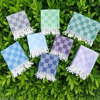 Oversized Plaid Beach Towel with Tassels Cotton Blend Quick Dry Travel Blanket Pool Towel for Adults