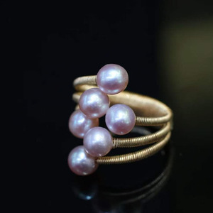 14K Gold Filled Wire Wrapped <b>Adjustable</b> <b>Ring</b>, Natural Lavender Freshwater Multi Pearl Handmade Open <b>Ring</b> for Women - Product Image 2