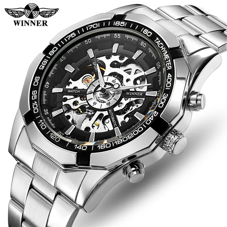 WINNER246セールファッション勝者ステンレス鋼スケルトン機械式時計男性用自動巻き取り腕時計