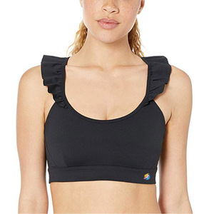 Soutien-gorge de sport noir à volants pour femme, col rond, maintien moyen, yoga, sans couture, en spandex et polyester, respirant, couleur unie - Product Image 1