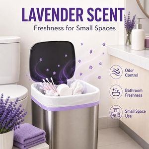 Sacs poubelles parfum lavande pour petits espaces, contrôle des odeurs, fraîcheur pour la salle de bain, sacs poubelles en plastique PE avec bordure violette - Product Image 1
