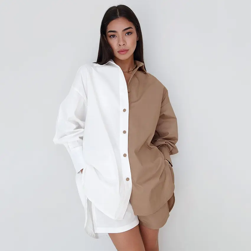 2022 New two-color long-sleeve shirt and shorts two-piece cotton and linen loose casual fashion suit for women