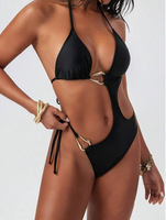 Maillot de bain une pièce à bague dorée pour femme couleur différente pierre grande taille solide Spandex/Nylon Bikini tongs bas