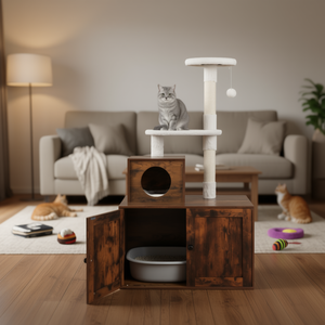 Arbre à chat rustique brun avec enclos pour litière et condo pour chat, pour chats d'intérieur, modèle D0100HP3DAY - Product Image 2