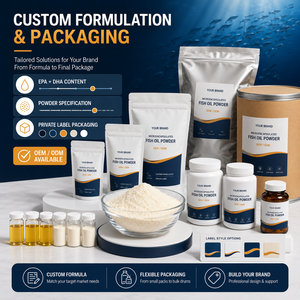 LongBio Poudre d'huile de foie de morue microencapsulée en vrac 60% riche en Oméga 3 <span class=keywords><strong>EPA</strong></span> <span class=keywords><strong>DHA</strong></span> Vitamines A et D Ingrédient de complément alimentaire de qualité alimentaire OEM - Product Image 4