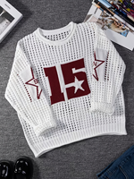 Suéter de punto calado transpirable blanco para mujer, cuello redondo, manga larga, estampado de estrellas número 15, jersey casual hueco para primavera