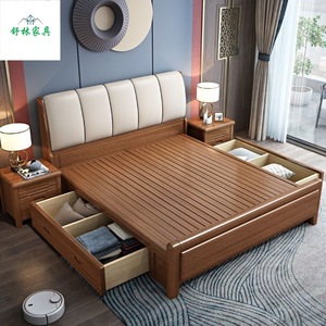 เตียงคู่ไม้วอลนัท หัวเตียงนุ่ม พร้อมกล่องเก็บของสูง เฟอร์นิเจอร์ห้องนอน - Product Image 4
