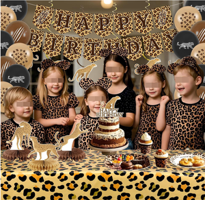 Décorations de fête d'<span class=keywords><strong>anniversaire</strong></span> sur le thème du guépard : bannière joyeux <span class=keywords><strong>anniversaire</strong></span>, serpentins, spirales, décorations de cupcakes, décorations de gâteaux, ballons, centre de <span class=keywords><strong>table</strong></span> en nid d'abeille, nappe - Product Image 4