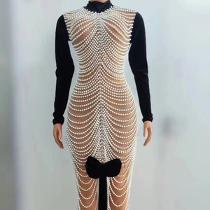 正装黑色羊绒长裙，铅笔剪裁，幻影领口，钻石装饰，高腰线，全袖，适合舞会 - Product Image 1